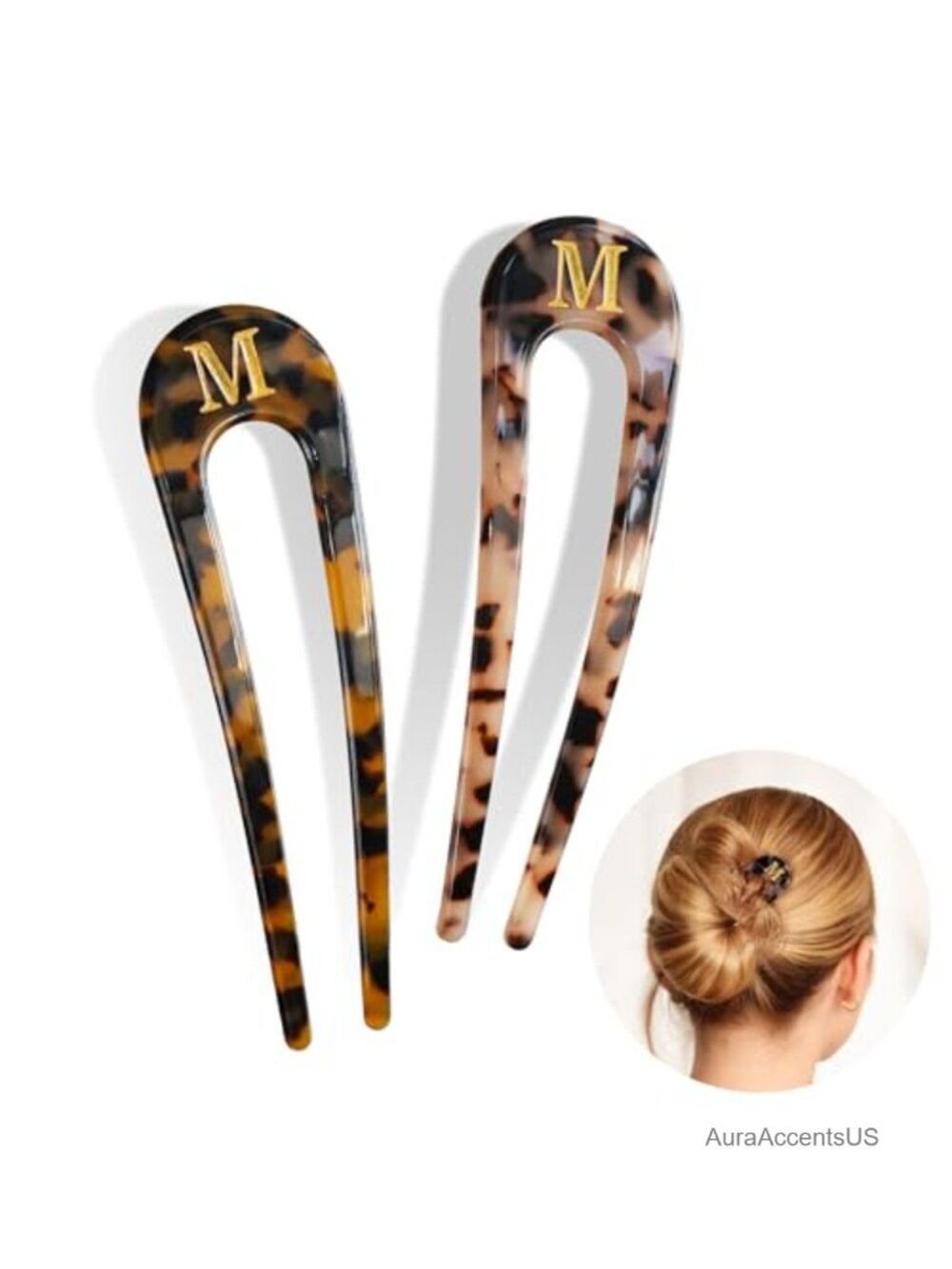 2Pc Gold Initial French U-Shape Hair Fork Acetate Hair Pins for Long Thick Hair